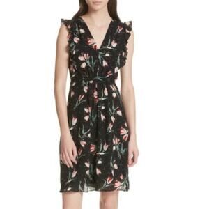 Rebecca Taylor Ikat Tulip Silk Black Floral V Neck Dress Tie Waist Ruffles 6